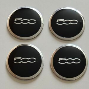 4 pcs (Set) 56mm - 2.20inch Black & Silver Fiat 500 Wheel Center Hub Caps Stickers