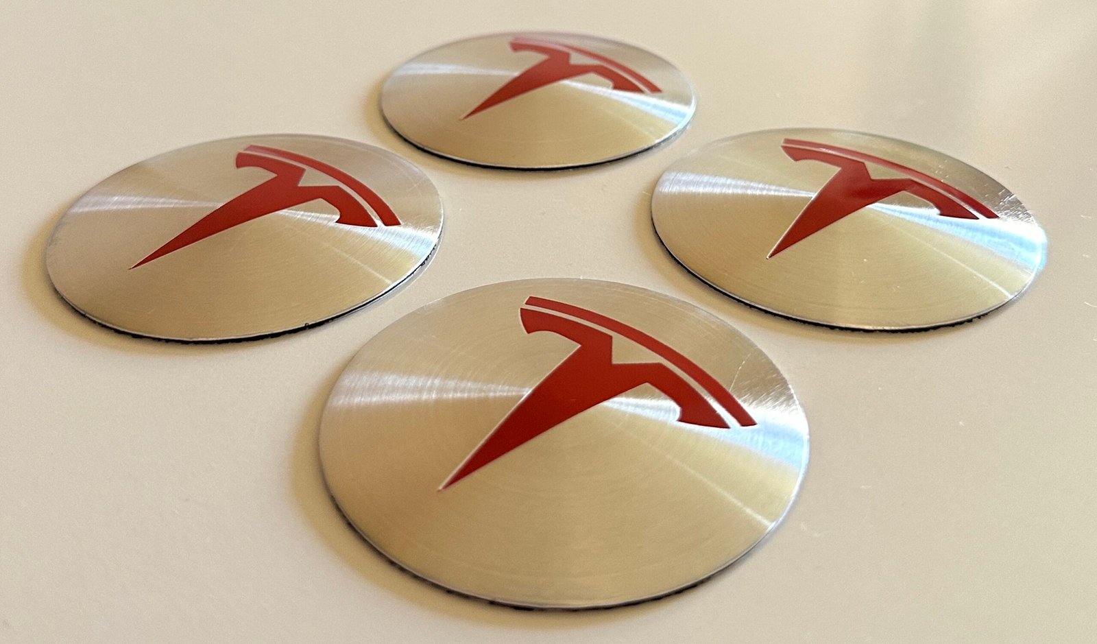 4 pcs (Set) 65mm - 2.56inch Silver & Red Tesla Wheel Center Hub Caps Stickers - Image 3