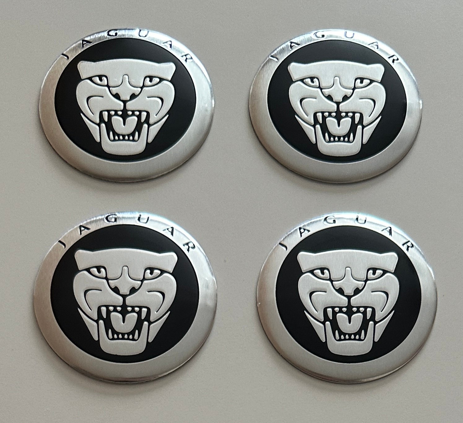 4 pcs (Set) 56mm - 2.20inch Black & Silver Jaguar Wheel Center Hub Caps Stickers