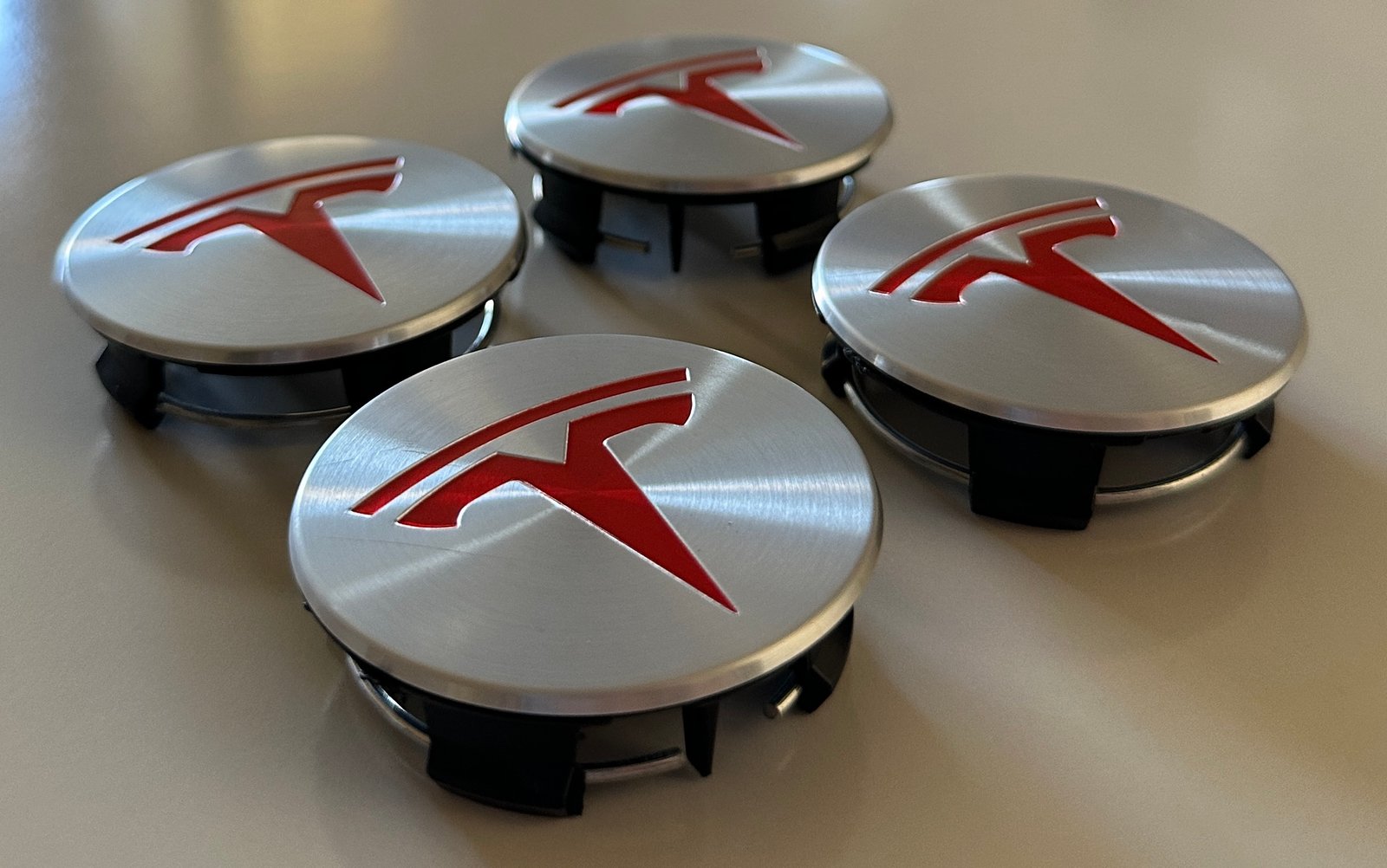 4 pcs (Set) 58mm - 2.28inch Silver & Red Tesla Wheel Center Hub Caps - Image 2