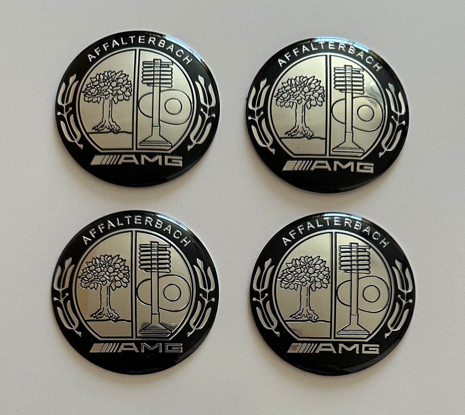 4 pcs (Set) 65mm - 2.56inch Black & Silver Mercedes AMG Affalterbach Wheel Center Hub Caps Stickers