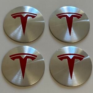 4 pcs (Set) 65mm - 2.56inch Silver & Red Tesla Wheel Center Hub Caps Stickers