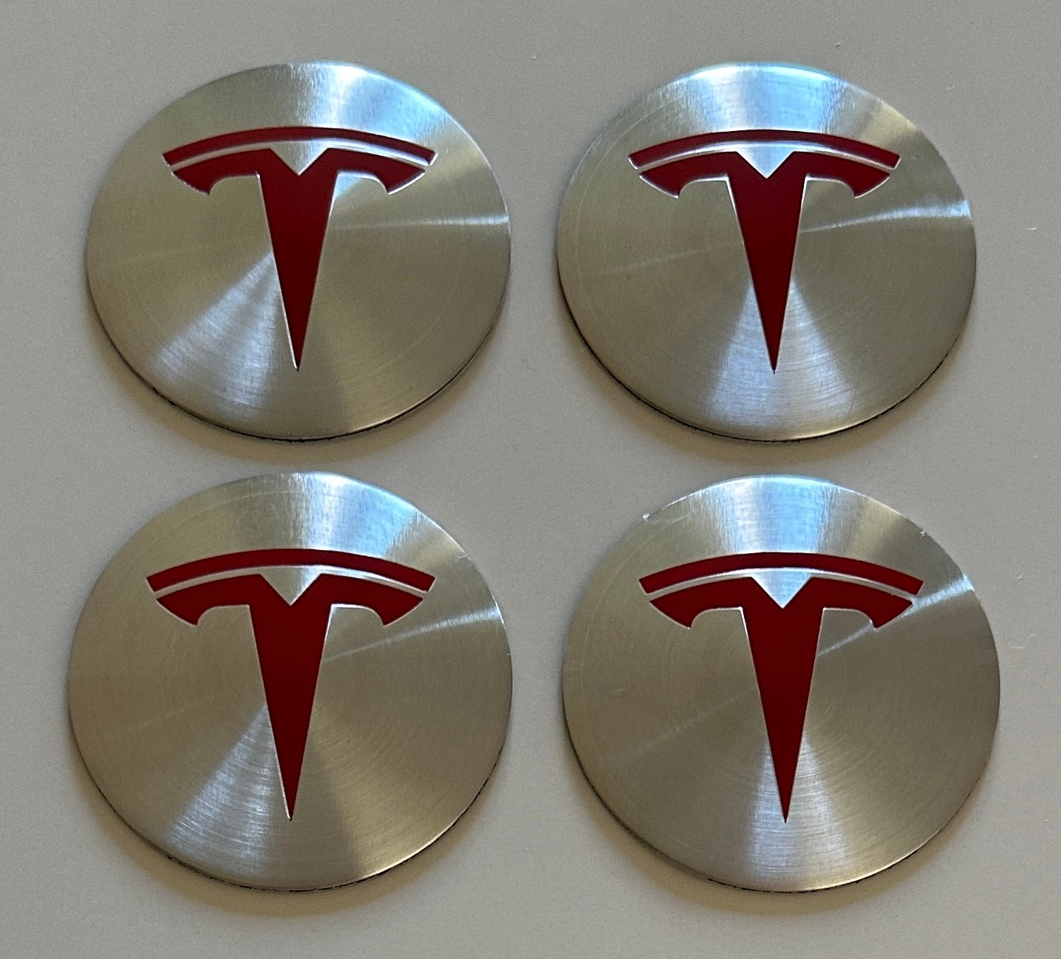 4 pcs (Set) 65mm - 2.56inch Silver & Red Tesla Wheel Center Hub Caps Stickers