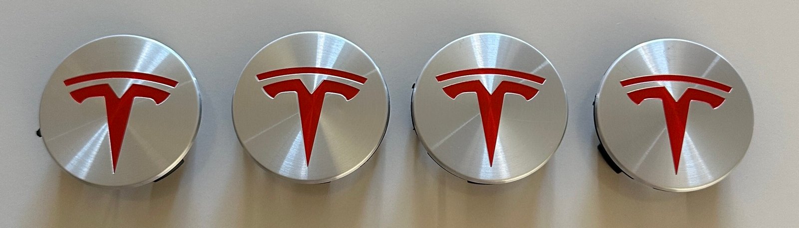 4 pcs (Set) 58mm - 2.28inch Silver & Red Tesla Wheel Center Hub Caps - Image 4