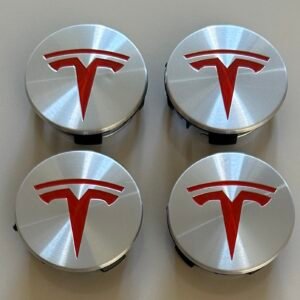 4 pcs (Set) 58mm - 2.28inch Silver & Red Tesla Wheel Center Hub Caps