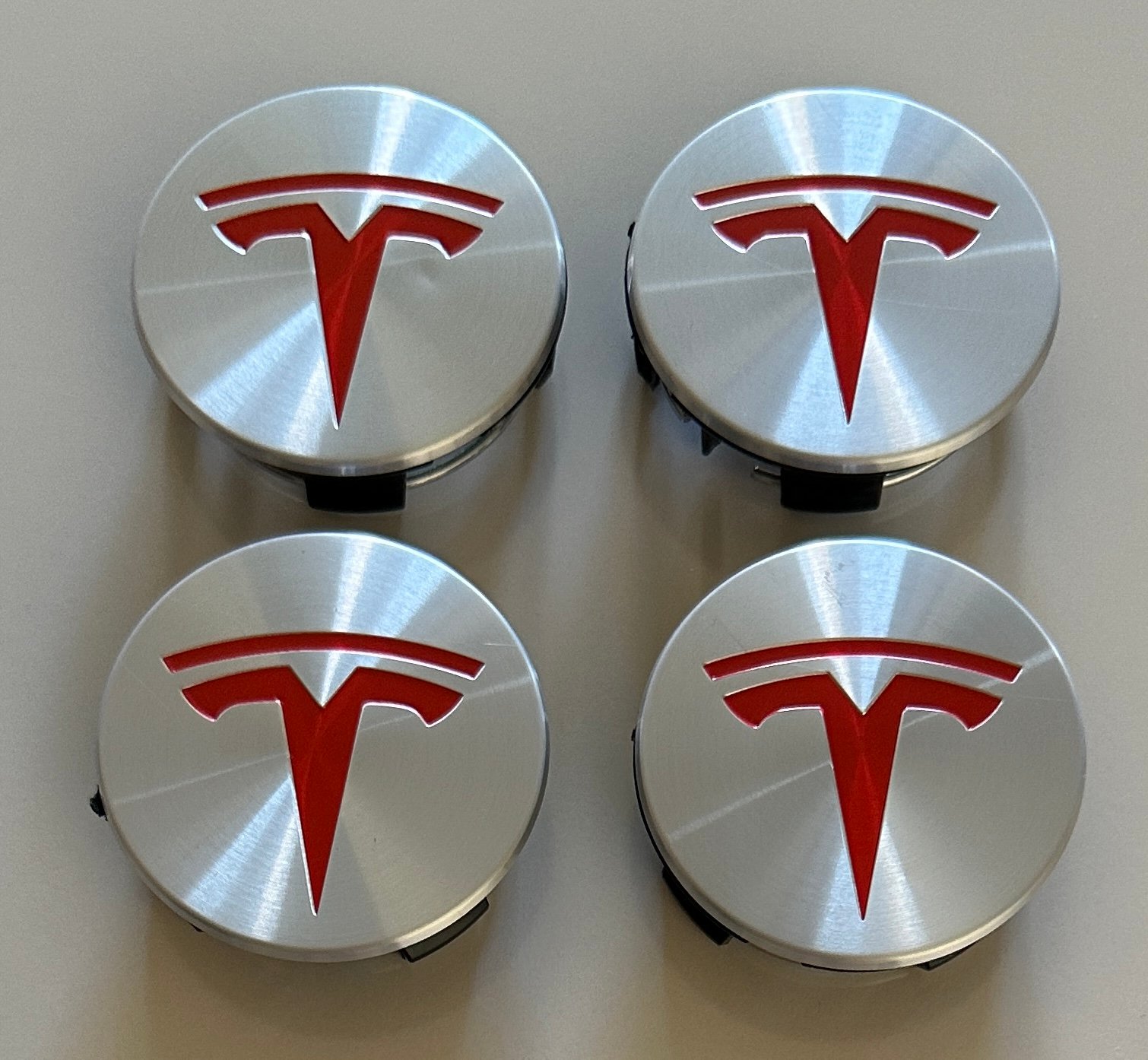 4 pcs (Set) 58mm - 2.28inch Silver & Red Tesla Wheel Center Hub Caps