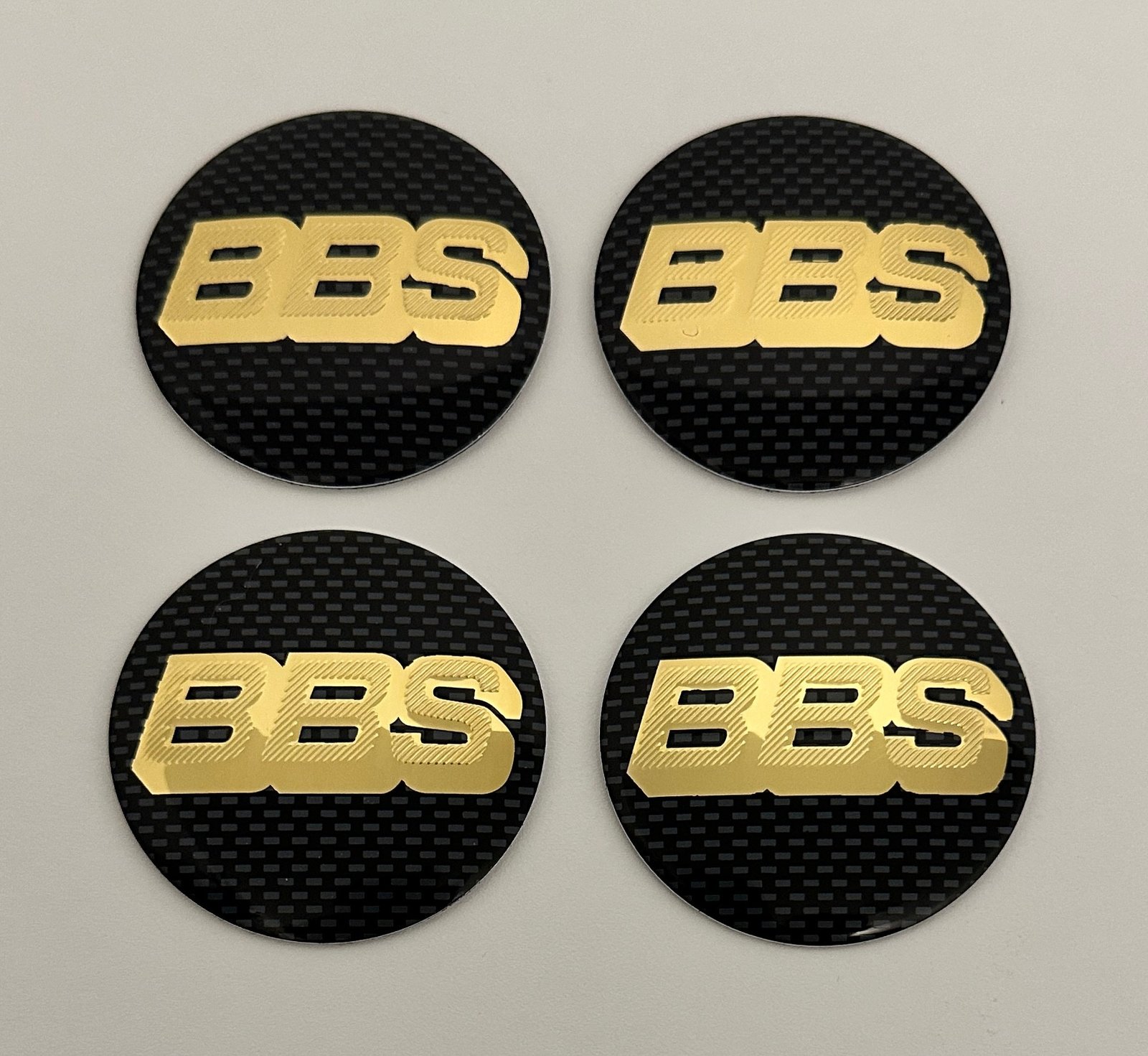 4 pcs (Set) 56mm - 2.20inch Carbon Black & Gold BBS Wheel Center Hub Caps Stickers NOT EPOXY