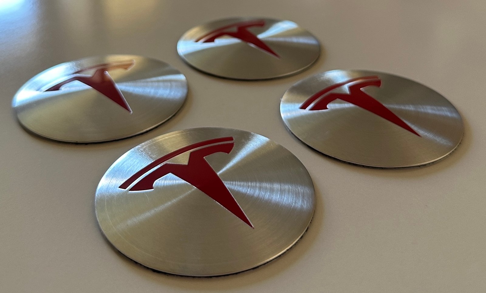 4 pcs (Set) 65mm - 2.56inch Silver & Red Tesla Wheel Center Hub Caps Stickers - Image 2