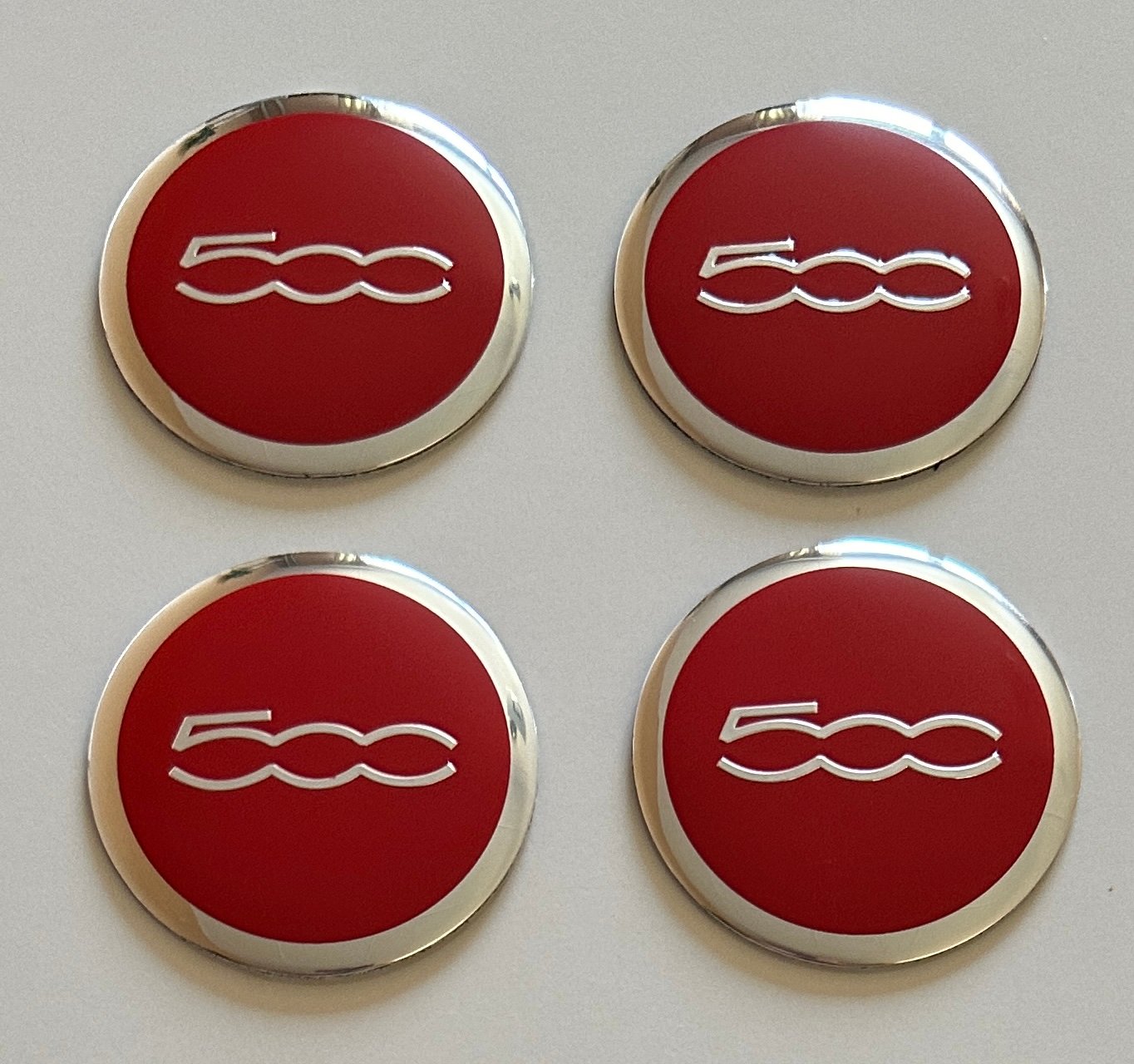4 pcs (Set) 56mm - 2.20inch Red & Silver Fiat 500 Wheel Center Hub Caps Stickers
