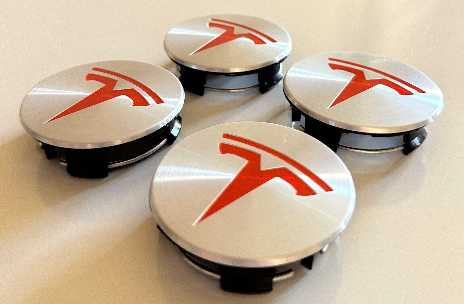 4 pcs (Set) 58mm - 2.28inch Silver & Red Tesla Wheel Center Hub Caps - Image 3