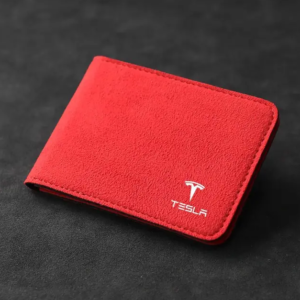 1 pcs Red Suede Car Document Storage Wallet – Tesla Model 3/X/S/Y Logo Wallet, ID Card & Driver’s License Holder, Organizer Bag