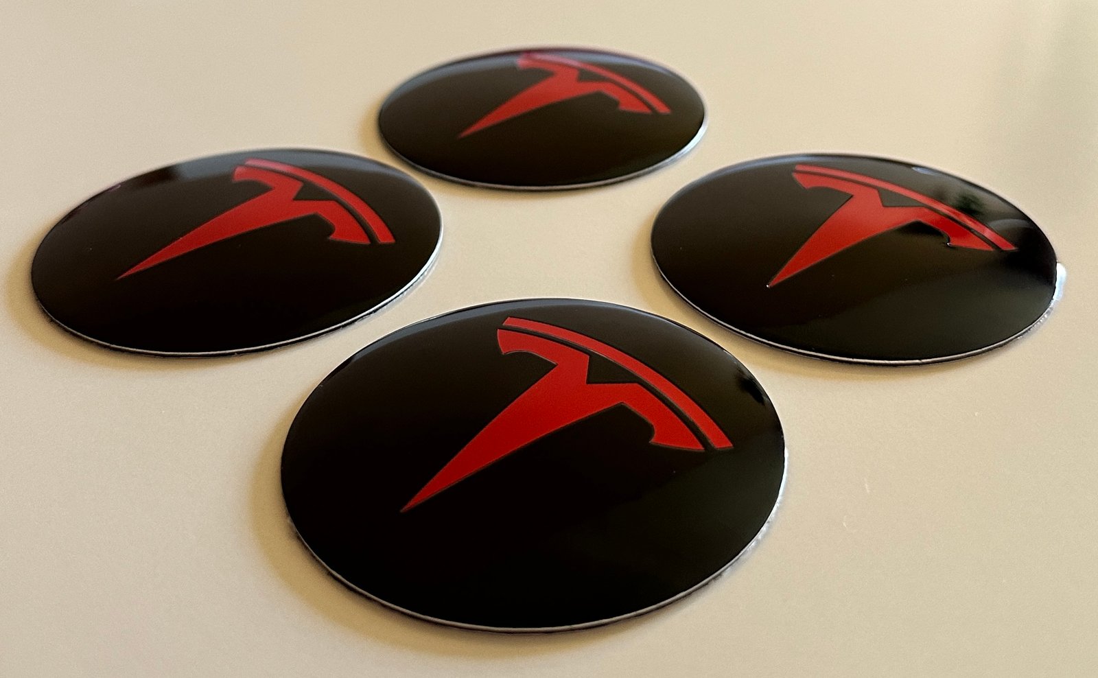 4 pcs (Set) 65mm - 2.56inch Black & Red Tesla Wheel Center Hub Caps Stickers - Image 3