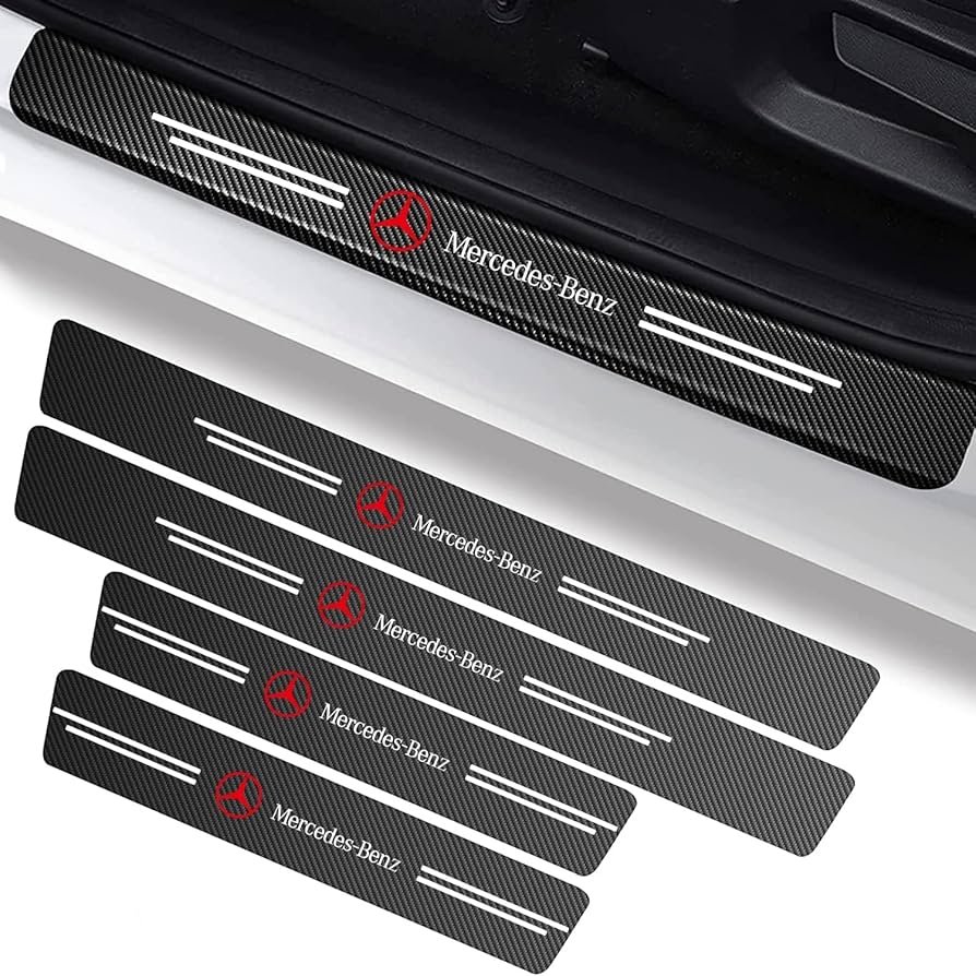 4 pcs Carbon Fiber Car Door Sill Scuff Protector Set for Mercedes Benz - Anti-Scratch Strip (Red Logo)