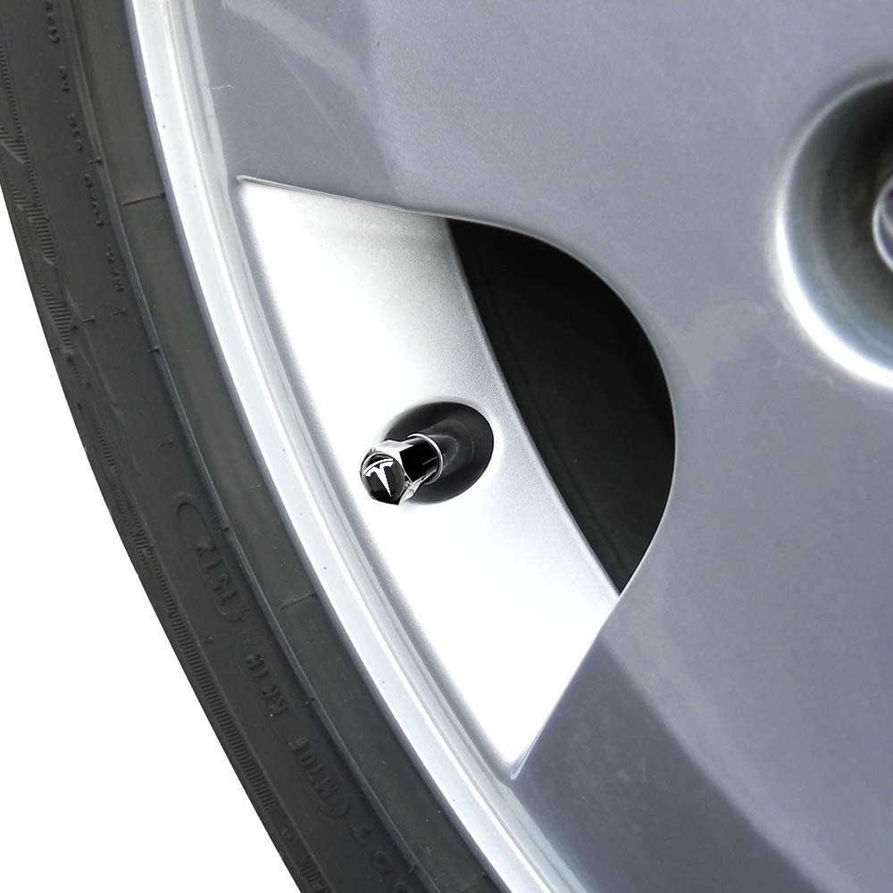 4 pcs (Set) Tesla Silver Wheel Tire Valve Stem Caps + Wrench Keychain for Tesla Model X S 3 Y