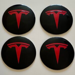 4 pcs (Set) 65mm - 2.56inch Black & Red Tesla Wheel Center Hub Caps Stickers