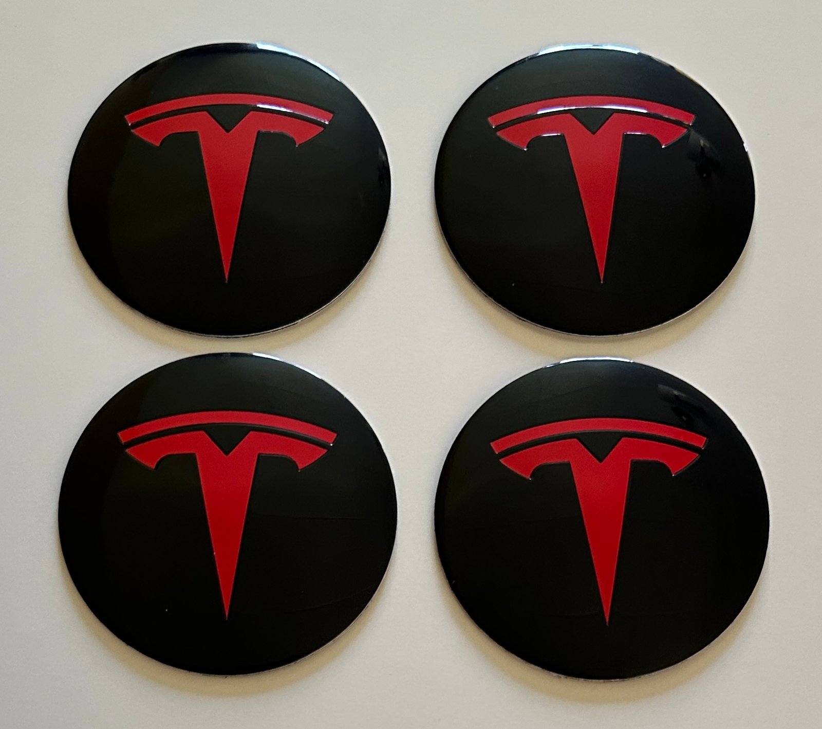 4 pcs (Set) 65mm - 2.56inch Black & Red Tesla Wheel Center Hub Caps Stickers